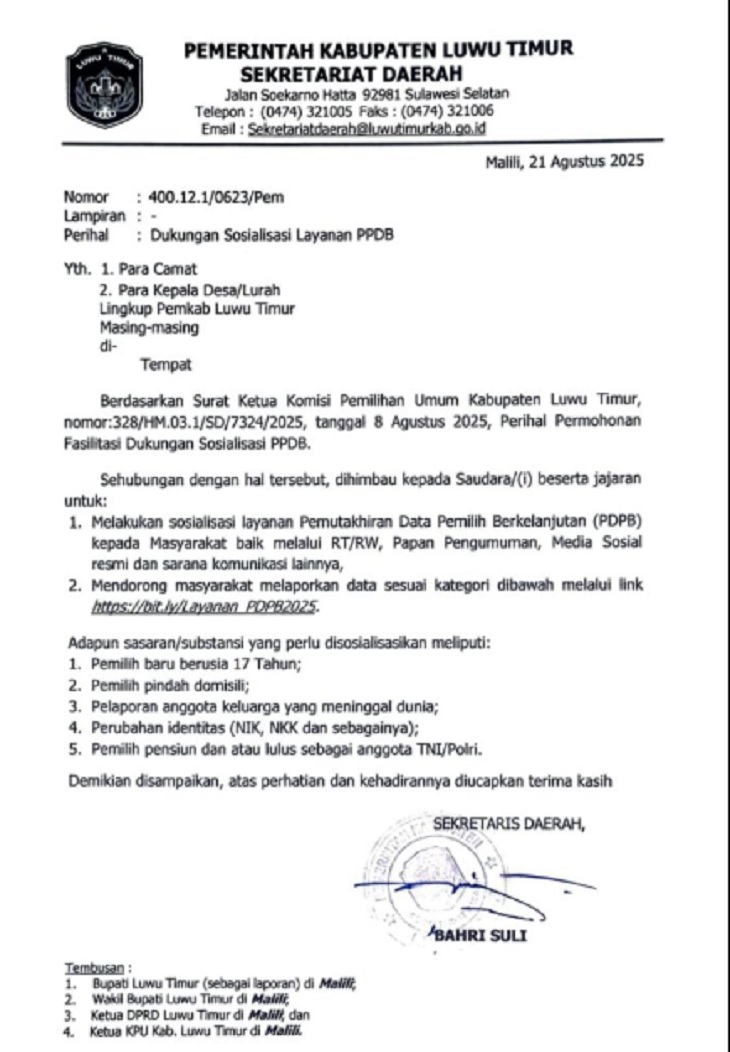 Surat dukungan sosialisasi PTDB.