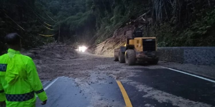 Petugas membersihkan material lngsor yang menutupi badan jalan trans Sulawesi di Desa Kasintuwu, Kecamatan Mangkutan, Luwu Timur (Foto: Ist)