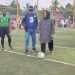 Wakil Bupati Luwu Timur, Puspawati Husler menendang bola tanda dimulainya turnamen Bupati Cup 1 Tahun 2025 se-Loeha Raya, Minggu sore 22 Juni 2025. (Foto: kominfo sp lutim)