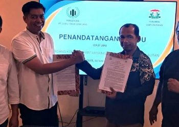 Direktur Utama PT Luwu Timur Gemilang (LTG) Ikal AS bersama Direktur Utama PT Simpurusiang, Bustani SS menandatangai MoU Kerjasama kedua BUMD. (Foto: Ist)