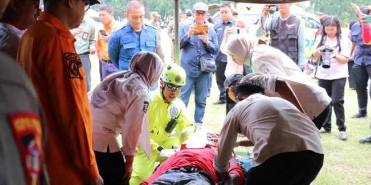 Suasana kegiatan Simulasi Rencana Tindak Darurat (RTD) untuk Bendungan Seri Sungai Larona. (Foto: Kominfo SP Lutim)