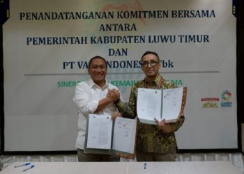 Penandatanganan bersejarah ini dilakukan langsung Bupati Luwu Timur Irwan Bachri Syam bersama Plt Presiden Direktur PT Vale Indonesia, Bernardus Irmanto di Ballroom Hotel Mulia Jakarta, Selasa (1/7/2025). (Foto: kominfo sp)