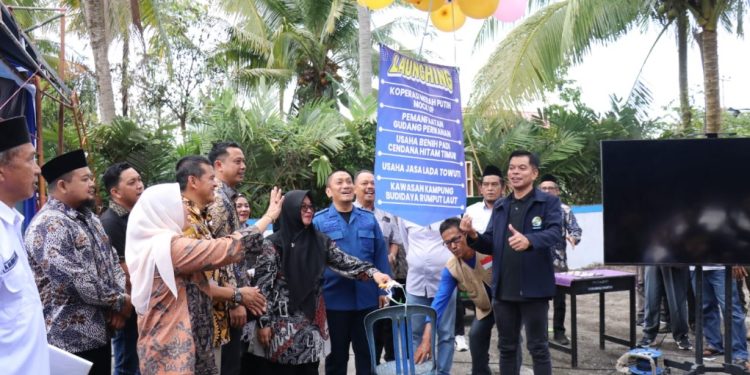 Ketua Dekopinda yang juga anggota DPRD Luwu Timur, Wahidin Wahid (paling kanan) bersama Bupati dan Wabup Lutim mengukuhkan pengurus dan pengawas Koperasi Merah Putih, Sabtu (19/07/2025), di Gudang Rumput Laut Dinas Perikanan.