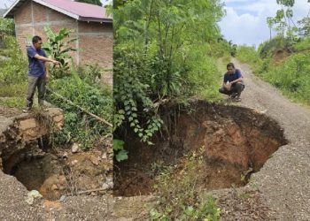 Anggota DPRD Luwu Timur, Rusdi Layong meninjau jembatan tani amblas di Desa Balambano, Kecamatan Wasuponda, Kab Lutim, Jumat 11 Juli 2025.
