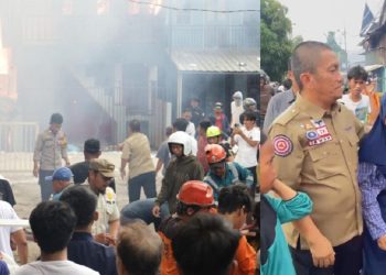 Bupati Luwu Timur, Irwan Bachri Syam di lokasi kebakaran Sorowako, Rabu 27 Agustus 2025. (Foto kolase: Potretlutim dan Wartalutim).