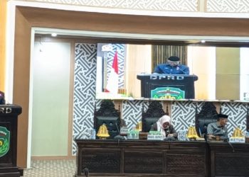 Juru bicara Fraksi Golkar, Aripin membacakan pandangan fraksinya atas RAPBD 2026, Rabu 12 November 2025.