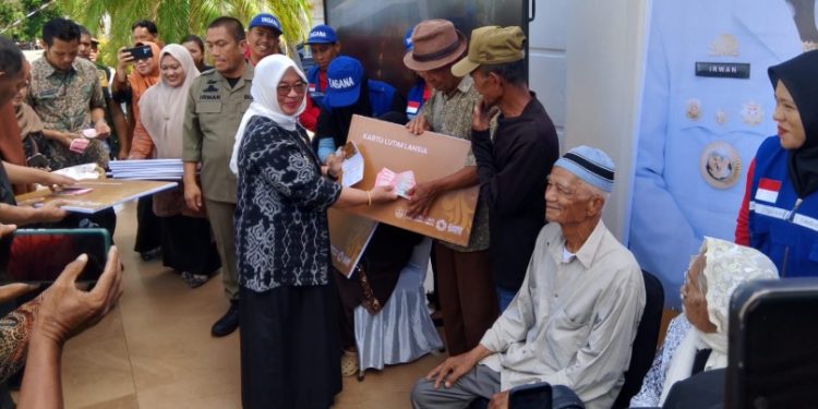 Wakil Bupati Luwu Timur, Puspawati Husler menyerahkan uang tunai pada pencairan perdana program Kartu Lansia di halaman Kantor Bupati Lutim, 30 Oktober 2025. Foto: Jaeja.id