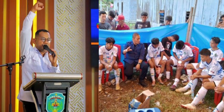 Ketua KONI Luwu Timur, Herawan Raditya. Bupati Luwu Timur, Irwan Bachri Syam memberikan motivasi kepada pemain Perslutim saat tampil di babak kualifikasi Porprov Sulsel 2026 (gambar kanan). Foto: Jaeja.id