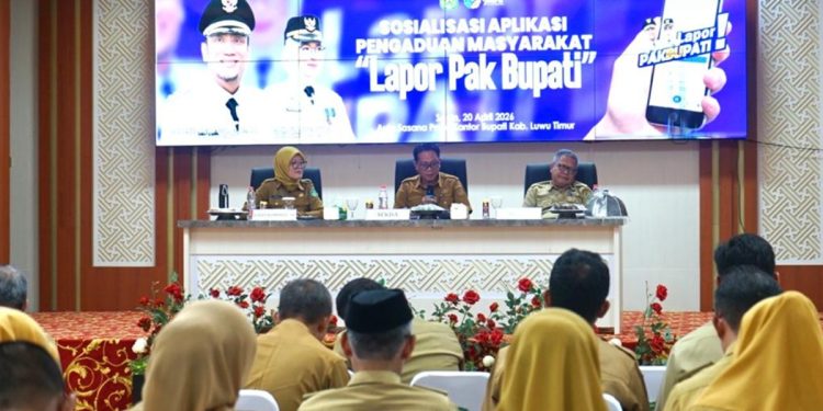 Dinas Kominfo-SP Luwu Timur menggelar sosialisasi aplikasi 'Lapor Pak Bupati' di Aula Sasana Praja, Kantor Bupati Luwu Timur, Senin (20/4/2026). Foto: kominfo-sp