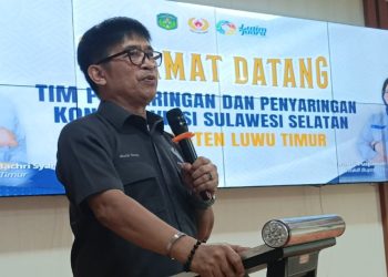 Ketua Harian KONI Sulsel, Chalid Suang saat menyampaikan sambutan dalam rangkaian visitasi calon tuan rumah Porprov ke-19 Sulsel 2030, di Aula Sasana Praja Kantor Bupati Lutim, Sabtu (30/05/2026). Foto: Jaeja.id