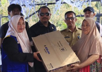 Wakil Bupati Luwu Timur, Puspawati Husler didampingi anggota DPRD Lutim, Muhammad Iwan menyerahkan bantuan untuk korban kebakaran Maliwowo, Selasa (02/06/2026). Foto: Kominfo-sp