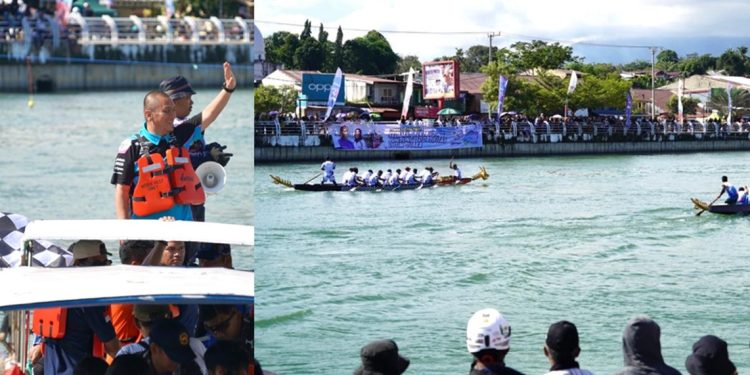 Bupati Luwu Timur, Irwan Bachri Syam menonton langsung lomba perahu naga di Sungai Malili, Minggu (31/05/2026). Foto: Kominfo-SP