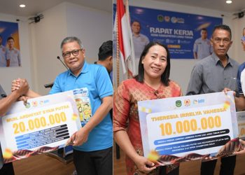 Perwakilan dua atlet berprestasi asal Luwu Timur, Theresia Irrelya Vanessa (atletik) dan Muh Ardhiyat Syam Putra (karate) menerima uang kesejahteraan dari Pemkab Luwu Timur, Sabtu (18/07/2026).