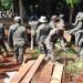 Petugas mengumpulkan papan dan tiang bekas aran rumah warga dalam giat pengosongan lahan Laoli, Desa Harapan, Kamis (30/07/). Foto: inputrakyat