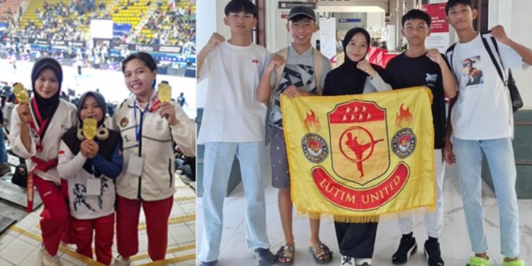 Atlet Taekwondo Indonesia Luwu Timur berpose bersama usai meraih tujuh medali pada International Ksatria Nusantara PBTI Series 4 di Bandung, Jawa Barat.