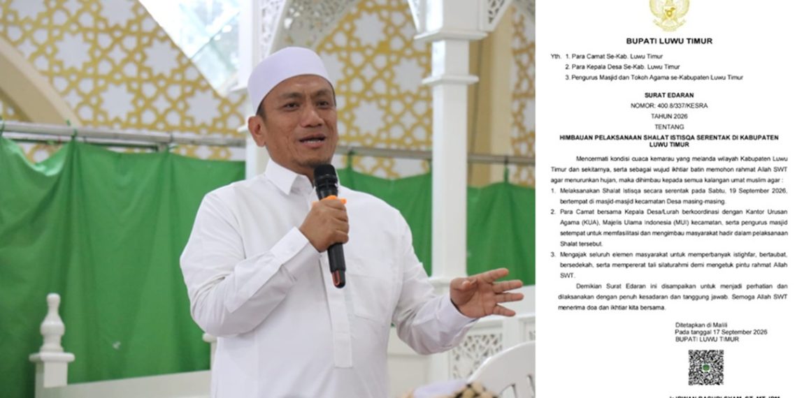 Bupati Luwu Timur mengimbau Shalat Istisqa serentak pada Sabtu, 19 September 2026 untuk memohon hujan di tengah kondisi kemarau.