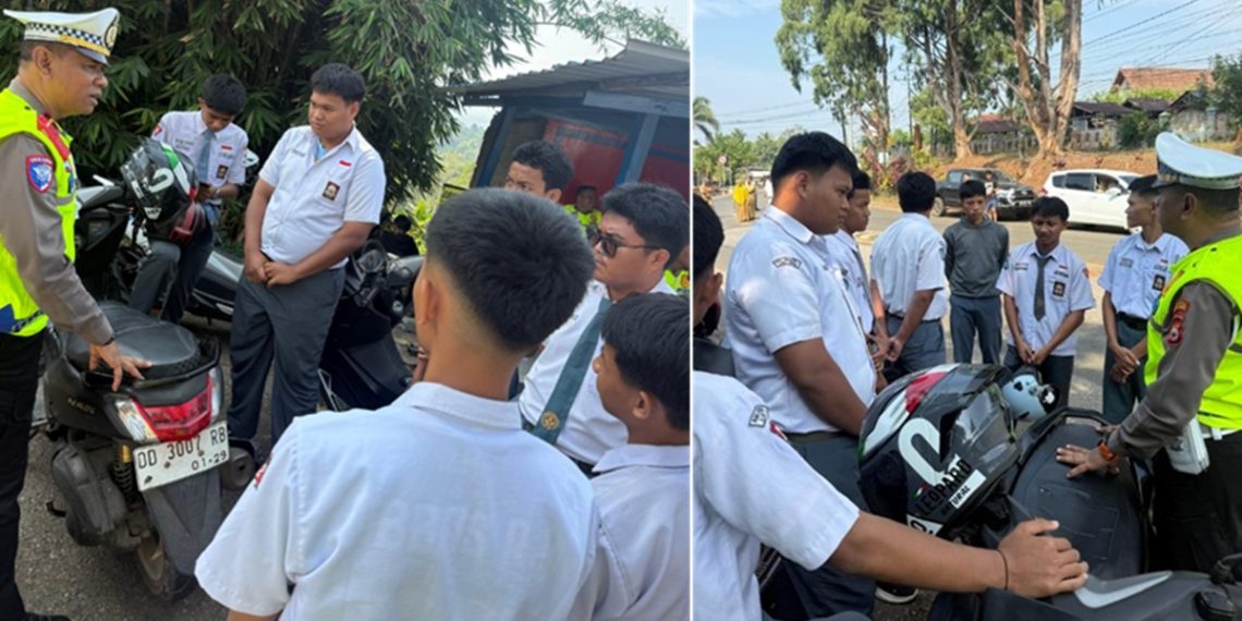 KBO Satlantas Polres Luwu Timur Ipda Andi Nasaruddin memberikan edukasi tertib berlalu lintas kepada pelajar SMA. Foto: IST